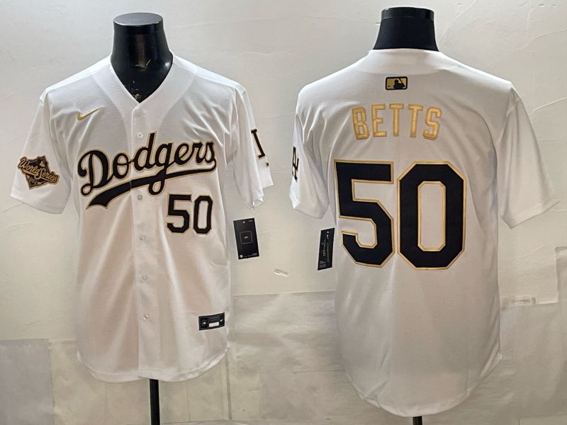 Men Nike 2026 Los Angeles Dodgers #50 Betts White Gold Game MLB Jersey 12115